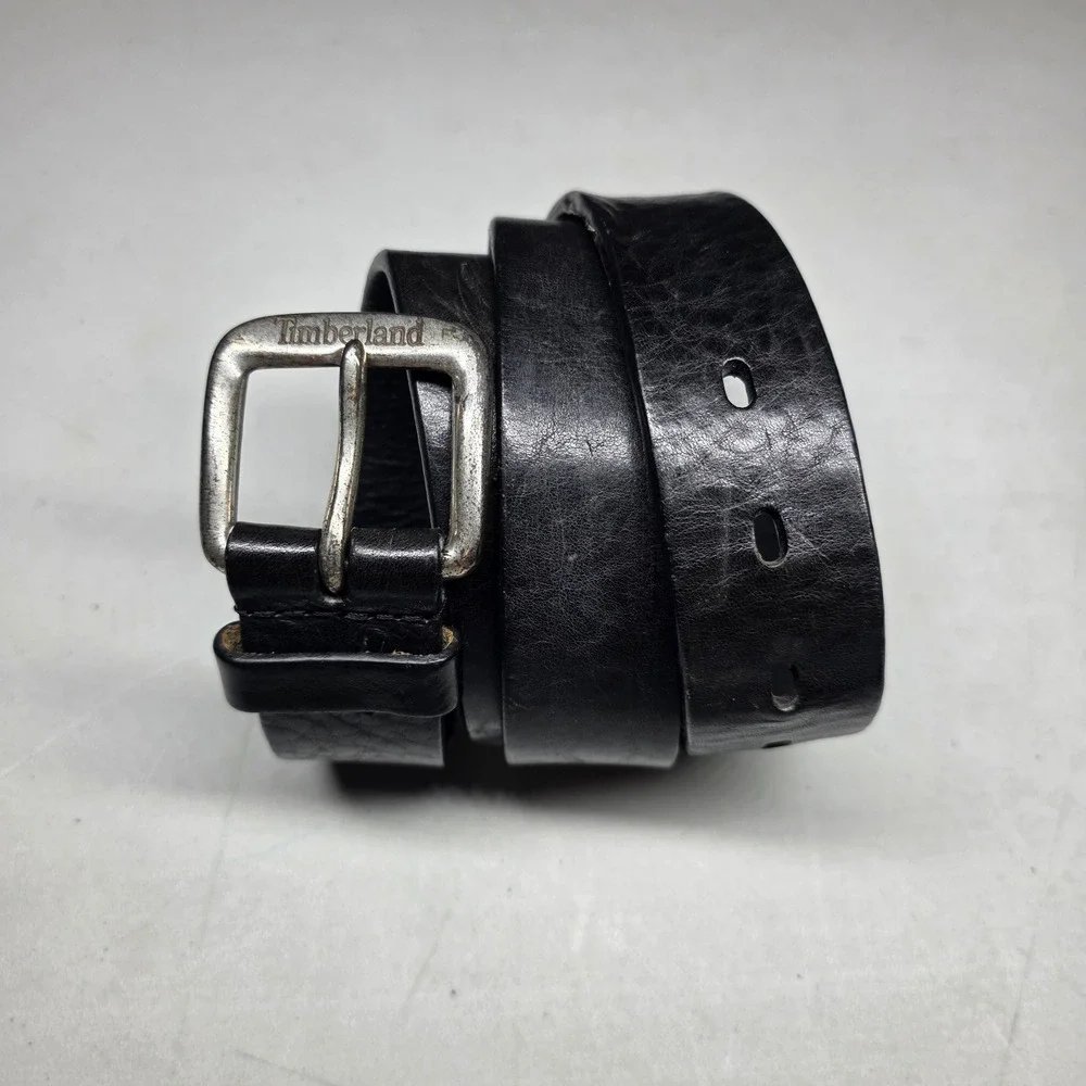 Timberland Mens Black Genuine Leather Belt Silver Logo Buckle Size 36 1393-001